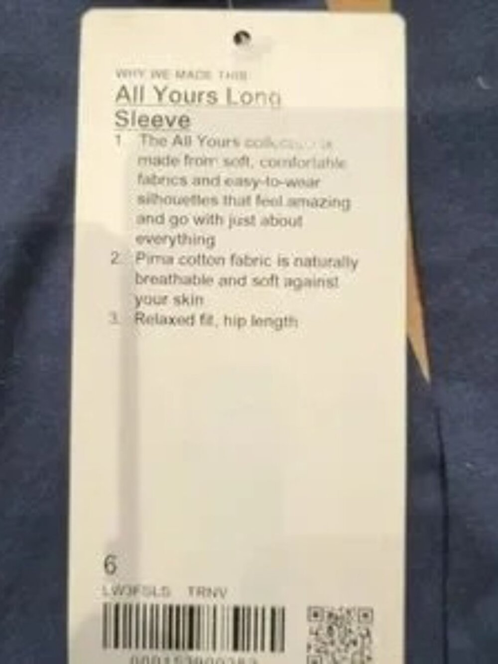 ✨CLOSET CLEAR OUT ✨ NWT Lululemon - Women's Classic-Fit Cotton Navy Long Sleeve - Picture 4 of 5